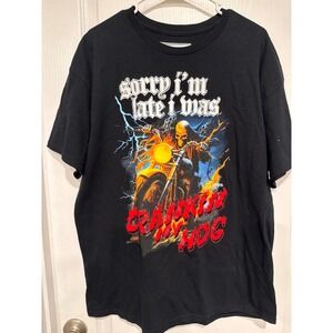 Teen Hearts Mens XL Black Crankin My Hog Skeleton Biker Graphic T-Shirt Spencers